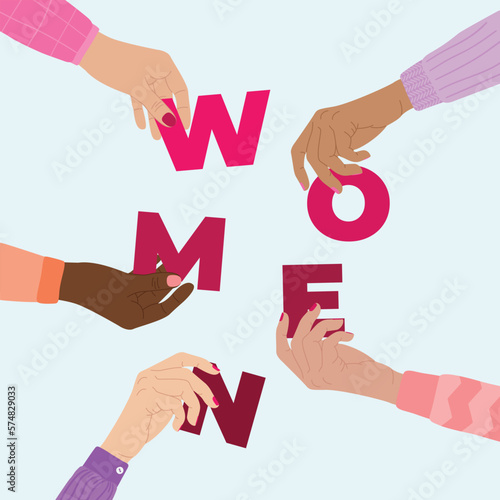Girl power horizontal poster. Female hands hold world woman. Woman empowerment, girl power, fight for gender equality, feminism, sisterhood concept. Hand drawn vector illustration.