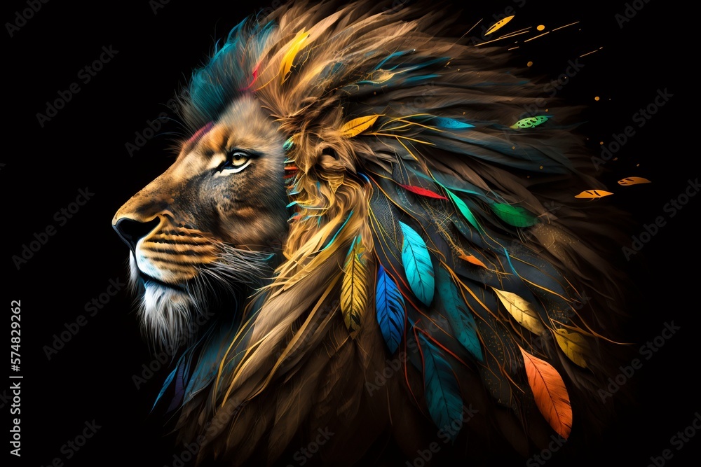 Lion portrait with color paint and feathers on black background. Generative AI - obrazy, fototapety, plakaty 