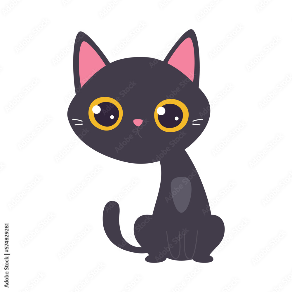 Cute Cat with Black Coat Sitting and Looking with Wide Open Eyes Vector Illustration
