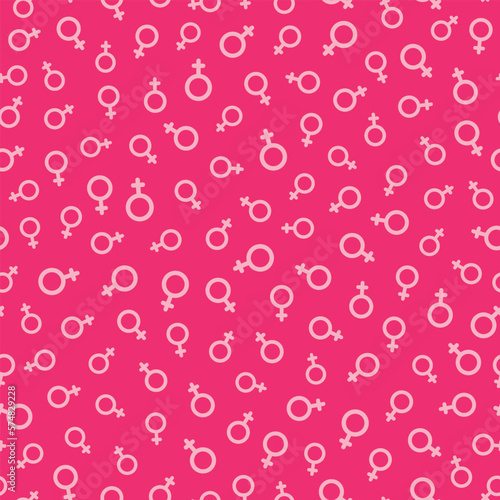 Seamless pattern of planetary sign of Venus for female gender symbols on pink background. Girl power, feminism, sisterhood concept. Hand drawn vector illustration.