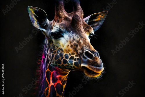 Portrait face of giraffe with colorful paint. Generative AI