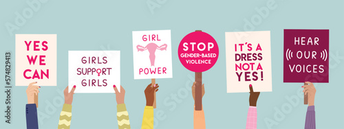 Feminist strike. Hands of diverse woman hold banners with woman empowerment short quotes. Female protest, fight for gender equality, feminism, sisterhood concept. Hand drawn vector illustration.