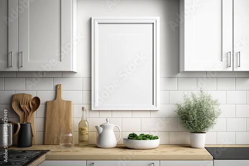 Fototapeta Blank white kitchen picture frame mockup. Minimalist staging. Copies. Exhibitions. Generative AI
