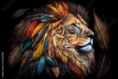 Fototapeta Portret lwa z kolorowymi piórami. Wygenerowane przez sztuczną inteligencję