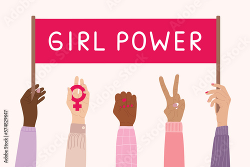 Feminist strike. Hands of diverse woman hold banners with woman empowerment short quotes. Girl power, fight for gender equality, feminism, sisterhood concept. Hand drawn vector illustration.