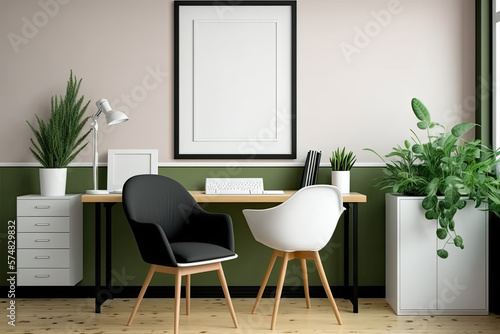 Clean home office with frame mockup,. Generative AI