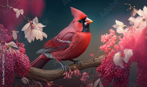 Fotografie, Obraz Virginian cardinal on the branch among leaves and flowers in forest