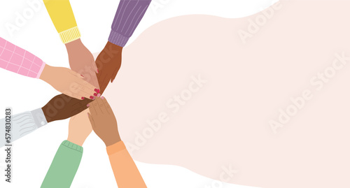 Horizontal banner of female hands stacking together. Woman empowerment, girl power, fight for gender equality, feminism, sisterhood concept. Hand drawn vector illustration.