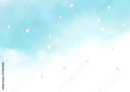 Valokuva 花びらが舞う青空の水彩背景