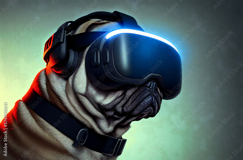 Pug in VR goggle. Modern dog in virtual reality glasses. Concept of artificial reality. Generative AI. Pug in VR goggle. Modern dog in virtual reality glasses. Concept of artificial reality. Generative AI.