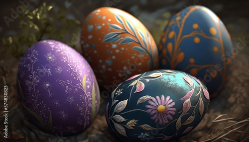 Easter eggs decorated with patterns and flowers. Generative AI.