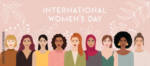 Horizontal banner with group of diverse female characters stand together. International Women s Day, 8 March. Woman empowerment, feminism, sisterhood concept. Hand drawn vector illustration.