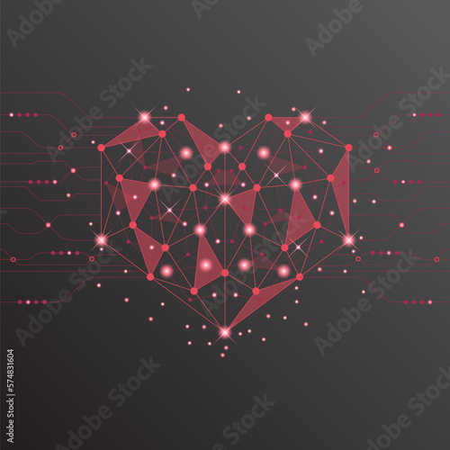 red heart technology valentine background abstract. technology with line ,digital, heart, dot, hi-tech, valentine concept, vector. heart technological for valentine day, background, web banner.