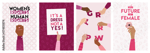 Set of feminist cards with woman rights, empowerment, girl power, fight for gender equality, feminism, sisterhood concept. International Women s Day, 8 March. Hand drawn vector illustration.