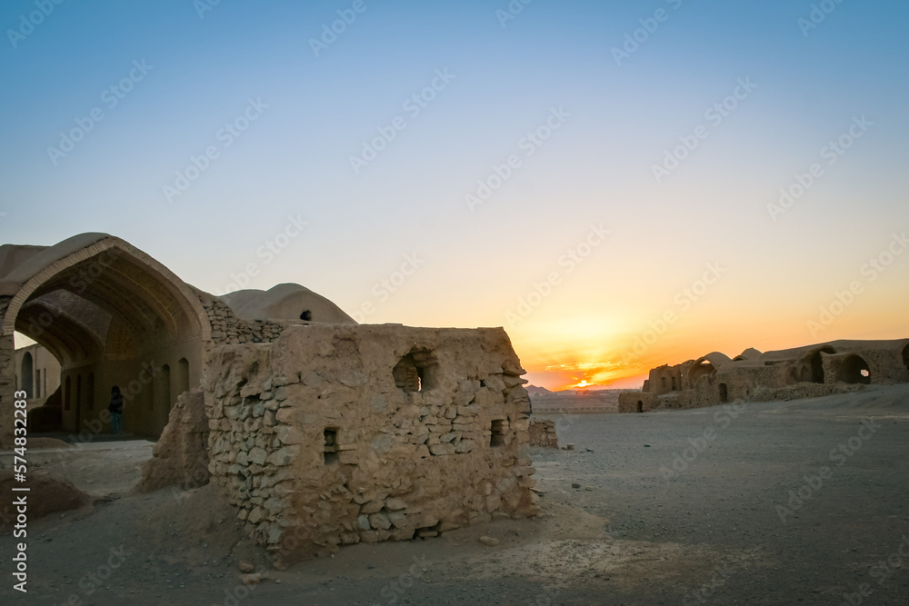 Yazd, Iran - May 2022: Ruins of Zoroastrians Dakhmeh Towers of Silence in Yazd city