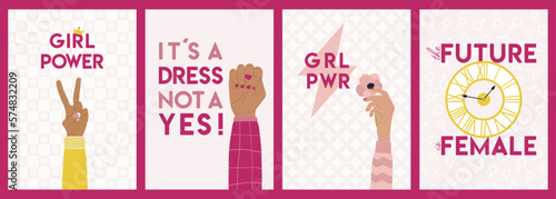 Set of feminist cards with woman rights, empowerment, girl power, fight for gender equality, feminism, sisterhood concept. International Women s Day, 8 March. Hand drawn vector illustration.