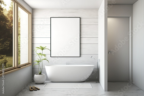 Front view of a bathroom corner with a bathtub and giant horizontal poster on a light wooden wall  mockup. Generative AI