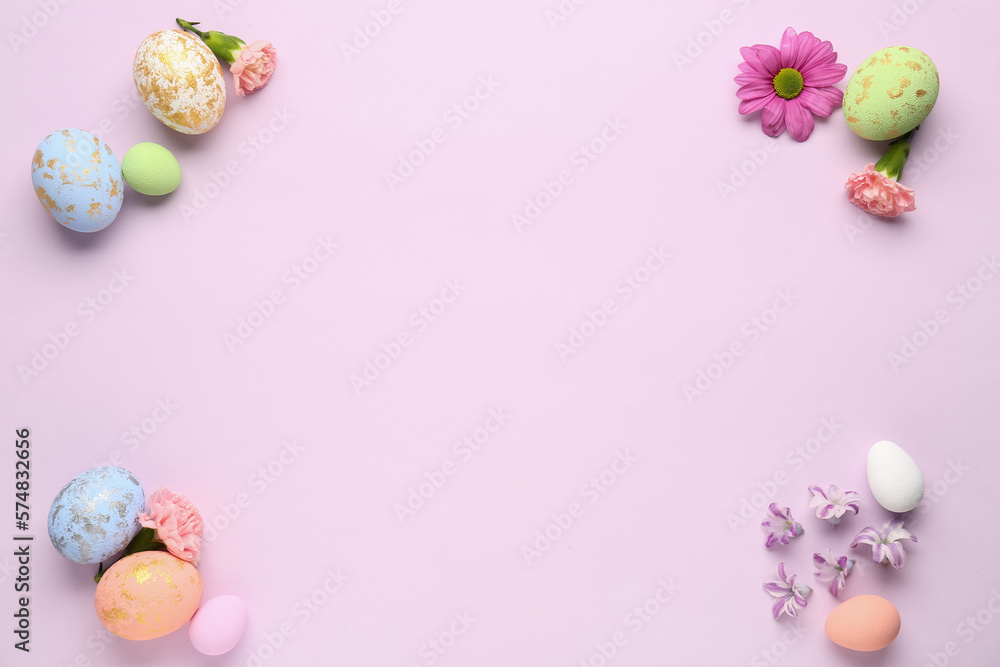 Composition with painted Easter eggs and spring flowers on color background Composition with painted Easter eggs and spring flowers on color background