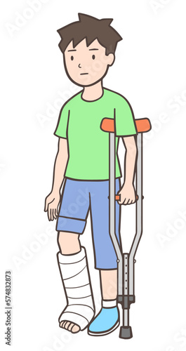 足を怪我して松葉杖をついている男性
