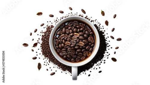 Fotografia Top view of a cup with coffee beans artistically arranged on the table