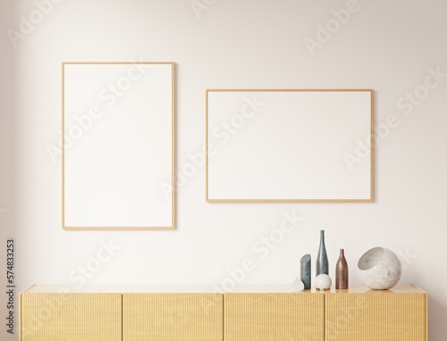 mock up poster frame in modern interior background, living room, 3D render, 3D illustration