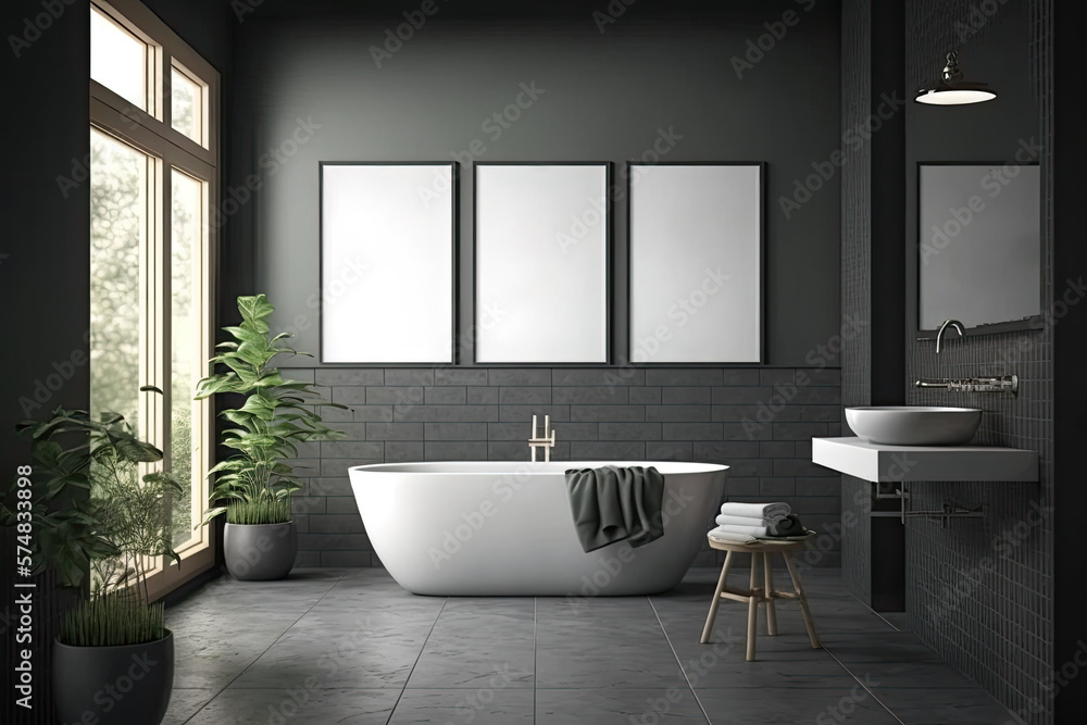 Dark gray tiles, white bathtub, and three posters above. Health and hygiene. Mockup. Generative AI - obrazy, fototapety, plakaty 