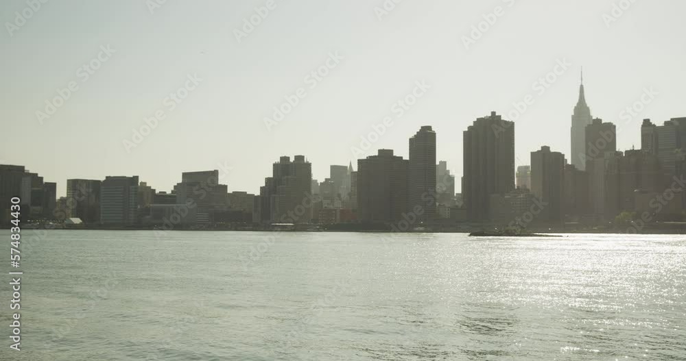 New York City Skyline United Nations East River Wide Pan Sunset New York City Skyline United Nations East River Wide Pan Sunset