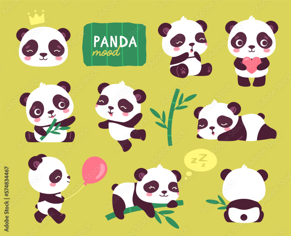 Set of panda. Traditional Asian bear in different poses. Collection of stickers for social networks. Animal with bamboo, wild life. Cartoon flat vector illustrations isolated on white background