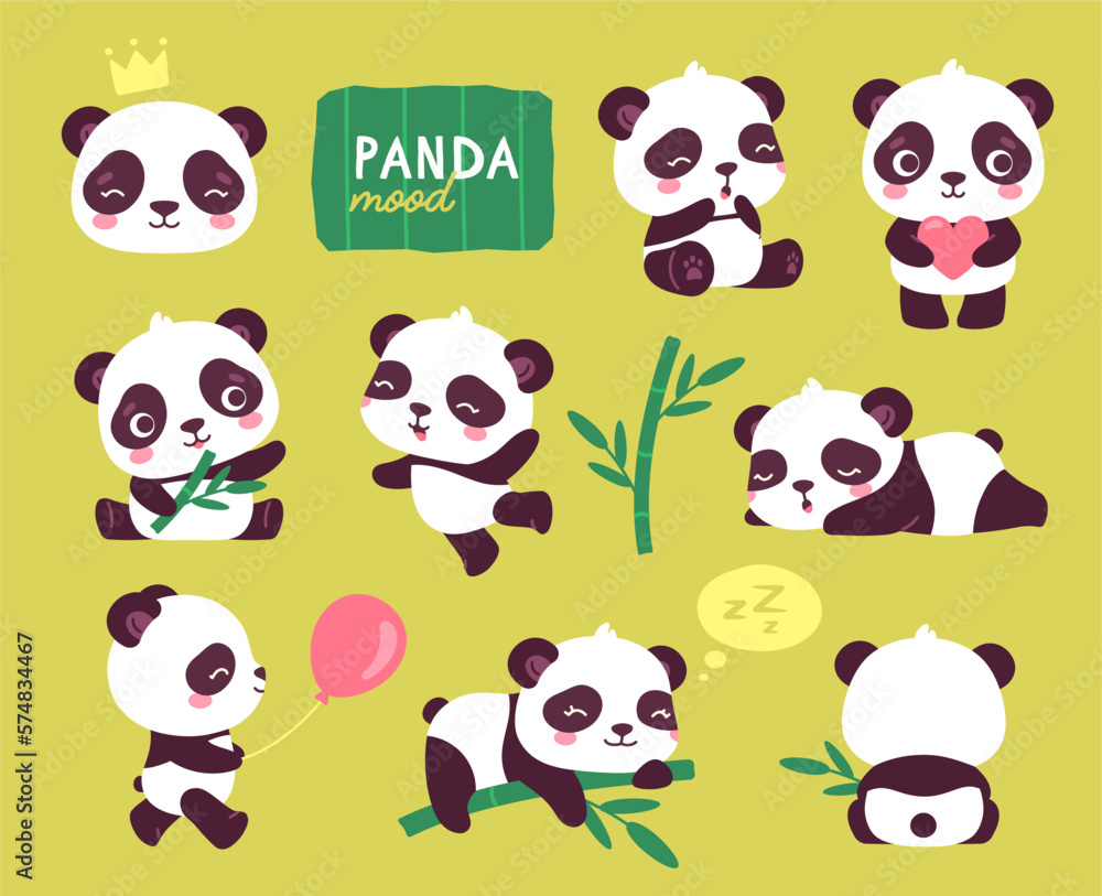 Set of panda. Traditional Asian bear in different poses. Collection of stickers for social networks. Animal with bamboo, wild life. Cartoon flat vector illustrations isolated on white background Set of panda. Traditional Asian bear in different poses. Collection of stickers for social networks. Animal with bamboo, wild life. Cartoon flat vector illustrations isolated on white background