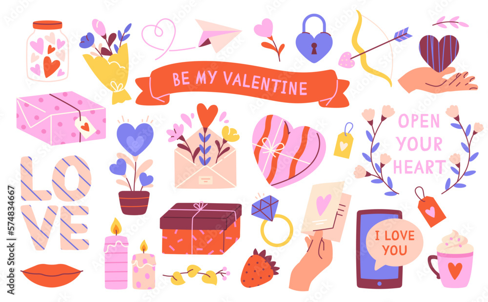 Valentines day stickers set. Love cards and letters, lettering, bouquet and gift box. SMS, diamond ring, candle and delicious drink. Cartoon flat vector illustrations isolated on white background