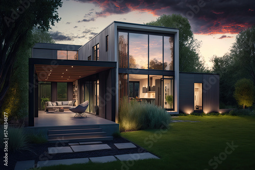 A contemporary home with a lawn and a patio is seen in the evening, generative AI