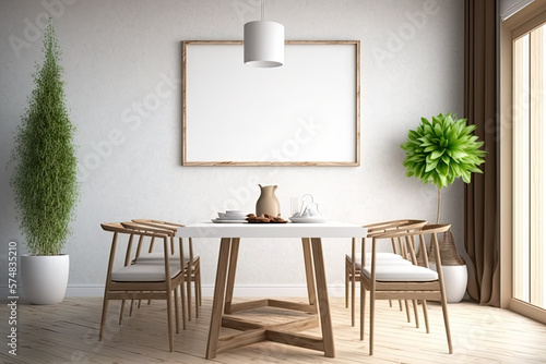 Livingroom mockup with vertical wood frame and dining table décor. Generative AI © 2rogan