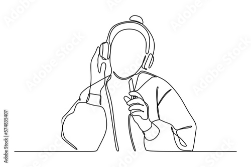 continuous line drawing of young woman relaxes at home with music