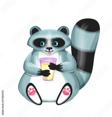 Cute baby raccoon. Gray animal sits with drink in its paws, forest dweller with cocktail, juice or soda. Symbol of summer season and tropical and exotic countries. Cartoon flat vector illustration