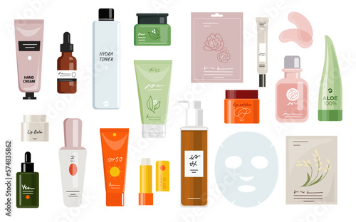 Korean skin care set. Collection of cosmetic products, creams and sprays. Beauty goods for cleansing, toning and moisturizing face. Cartoon flat vector illustrations isolated on white background