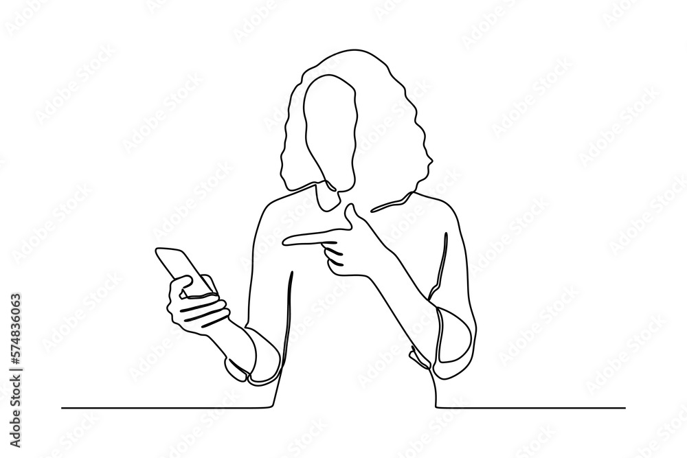 continuous line drawing of Young Cheerful Lady Using Smartphone For Messaging With Friends