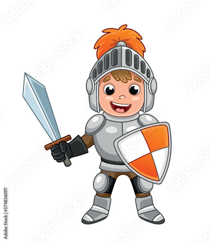 Cute knight boy. Charming schoolboy with sword and shield in his hand stands and smiles. Small warrior in armor and helmet with tail. Medieval and Roman style. Cartoon flat vector illustration