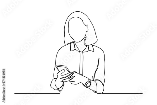 continuous line drawing of Young Cheerful Lady Using Smartphone For Messaging With Friends