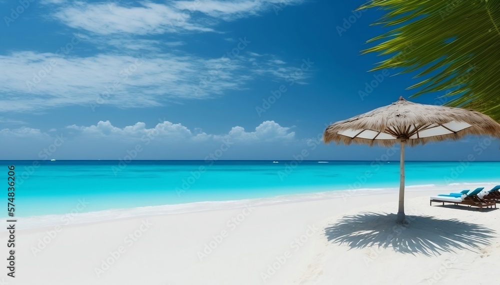 Paradise Found: Relaxing on a White Sand Beach with Blue Ocean View, AI Art