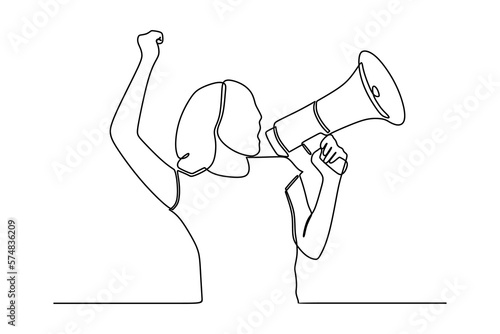 continuous line drawing of woman holding megaphone