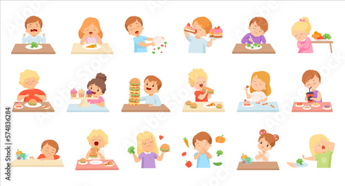 Set of cute kids do not like healthy food and enjoying eating of fast food and sweets cartoon vector Illustration