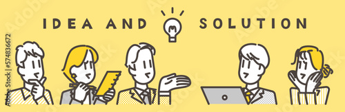 Young male and female business people thinking of ideas and solutions [Vector illustration of people].