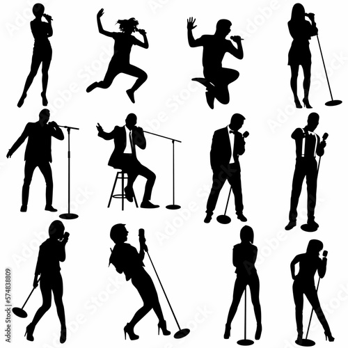 
A set of high quality silhouette pop singer, country music, rock star and hiphop rapper artist vocalist, logo, icon