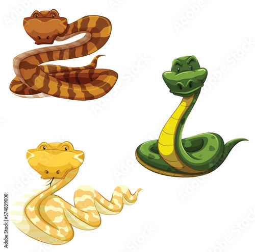 snake in the snake | illustration of a snake | Set of cartoon colour snakes in various poses. Cute smiling animals, funny reptiles of wild tropical nature. 