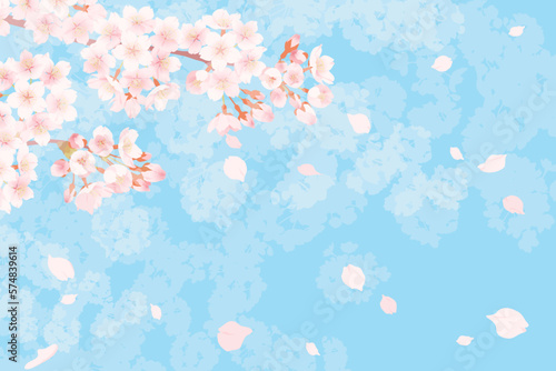 満開の桜と桜吹雪のイラスト、春のイメージの背景素材
