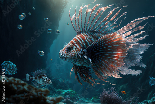 Fish, lionfish, zebra, and volitan pterois. Generative AI photo