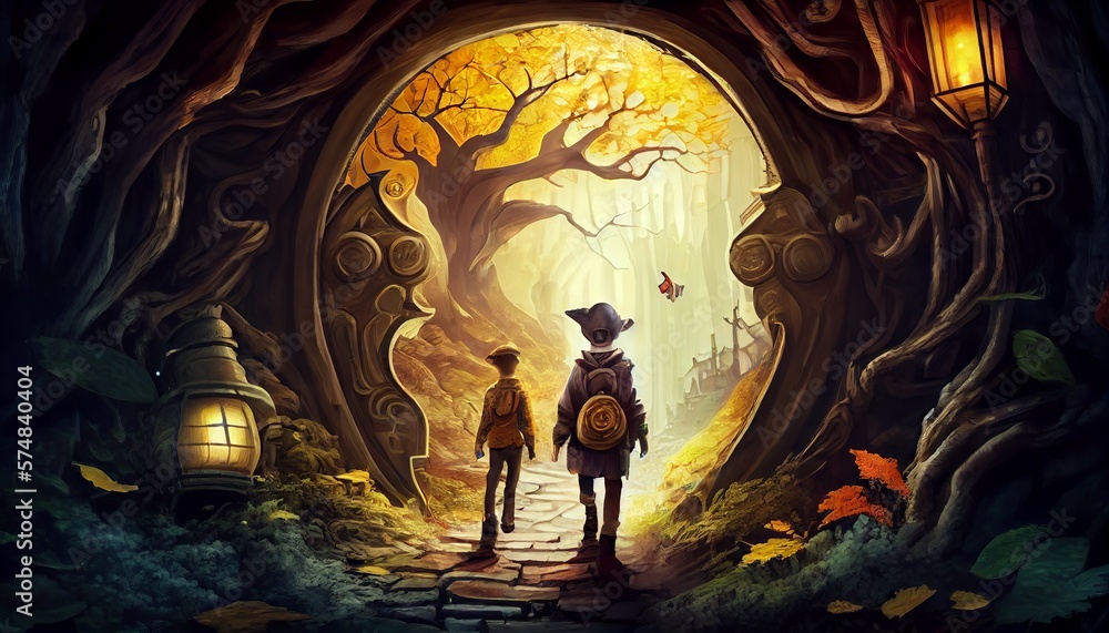 Halloween scene with boy and girl in the magic forest, illustration. Generative AI Halloween scene with boy and girl in the magic forest, illustration. Generative AI