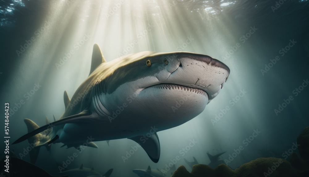 Fototapeta premium Beautiful Artistic Designer Cinematic Portrait of a Bull Shark Animal in its Natural Habitat: Celebrating Cute Creatures, Wildlife, Biology, Nature, and Biodiversity (generative AI