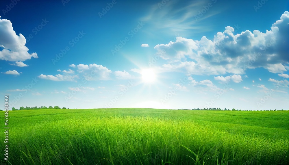 Green grass field and blue sky with clouds. Nature background. Landscape. Generative AI
