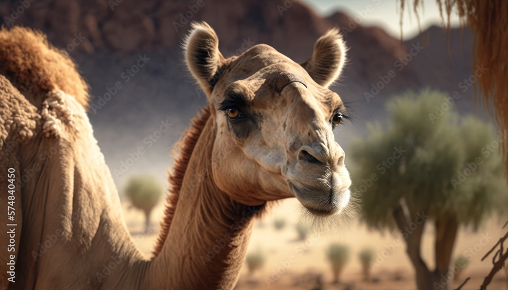 Beautiful Artistic Designer Cinematic Portrait of a Camel Animal in its Natural Habitat: Celebrating Cute Creatures, Wildlife, Biology, Nature, and Biodiversity (generative AI